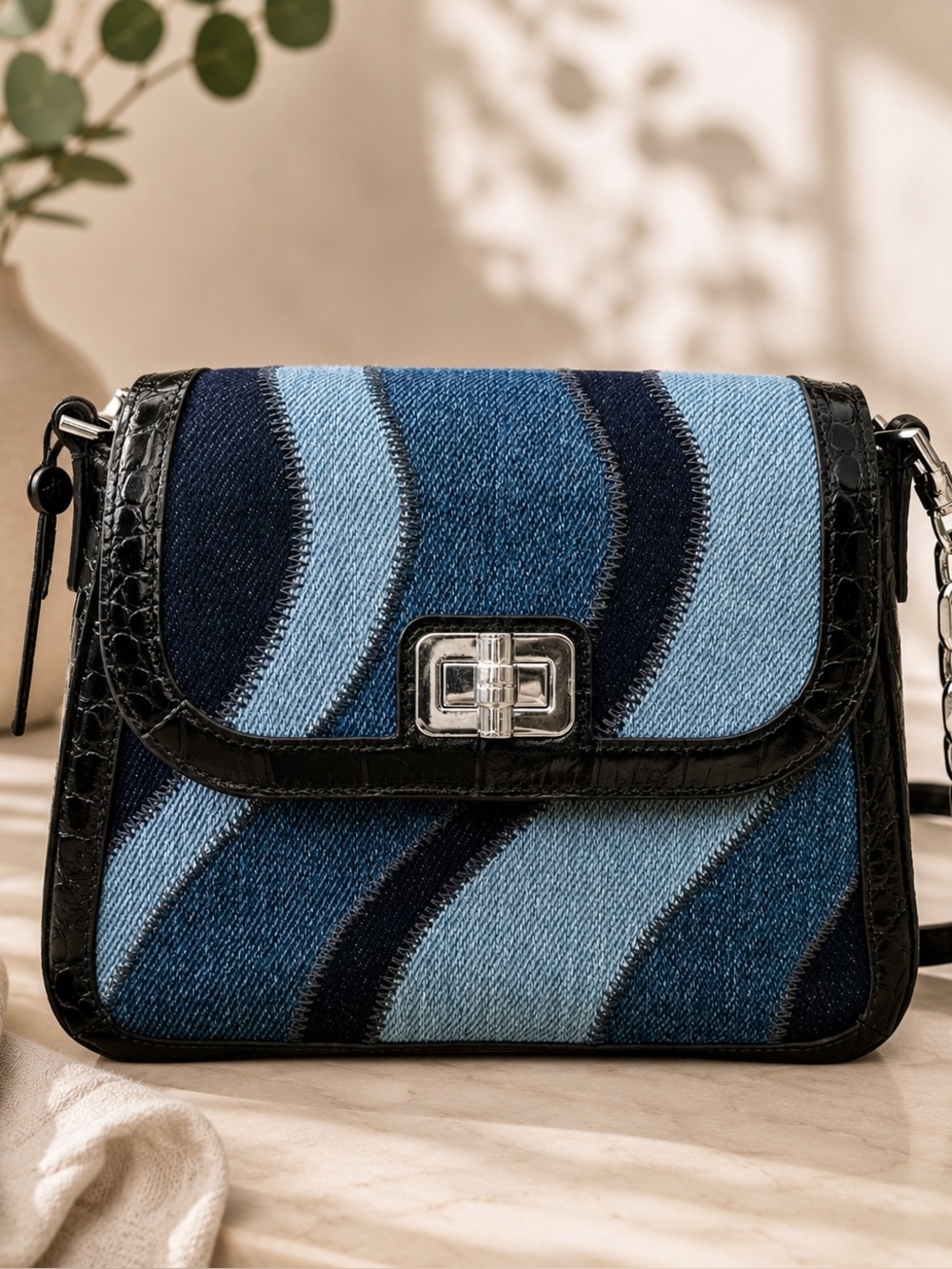 Brahmin Denim Wave Crossbody Bag in Blue and Black